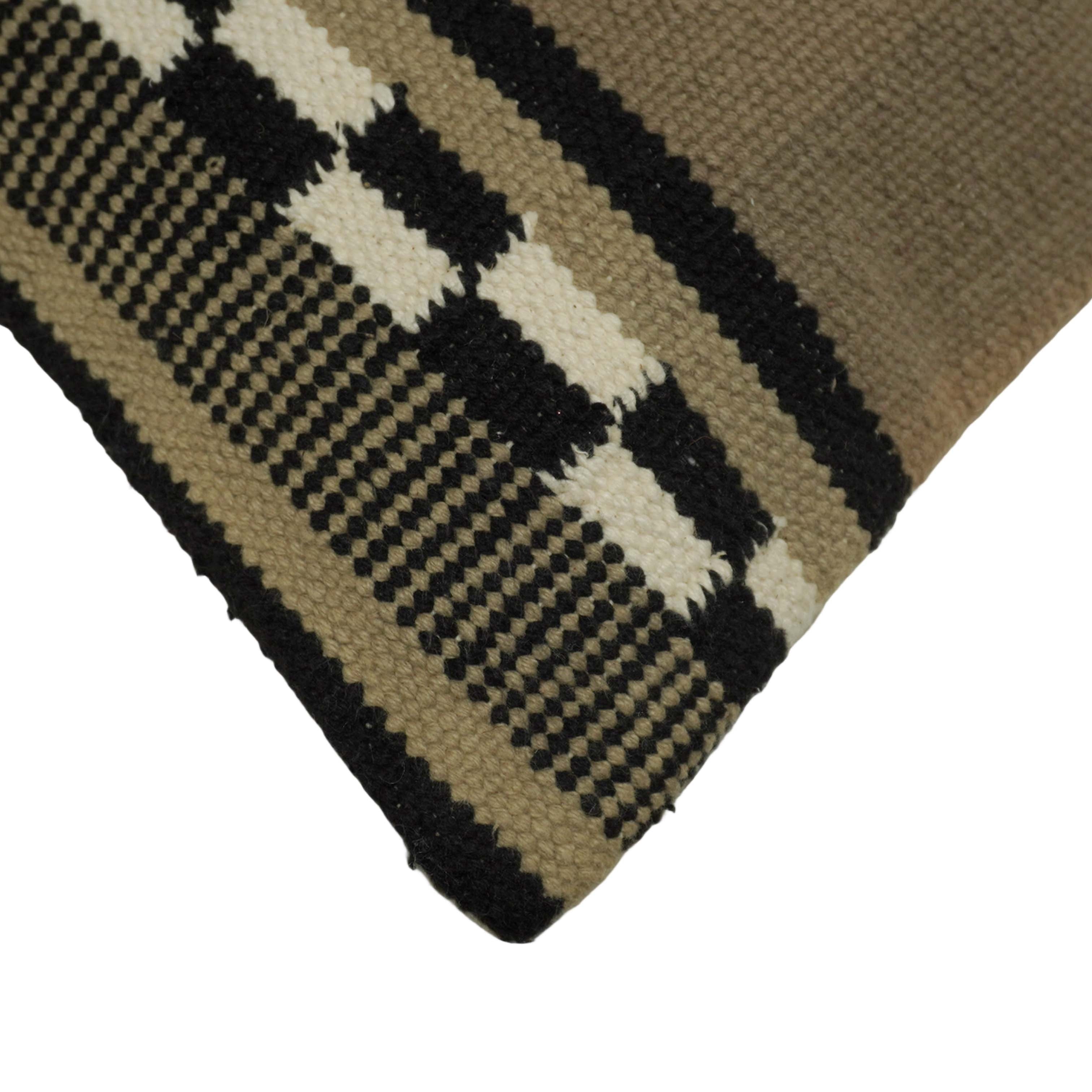 Handwoven Cotton Cushion Cover 45x45 cm | Geometric Tribal Pattern | Woven Decorative Throw Pillow Cover | Beige, Black & Ivory | Hidden Zipper