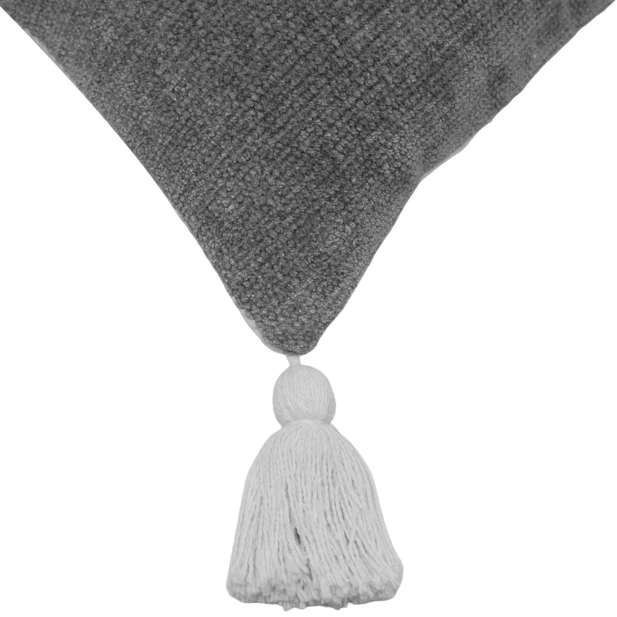 Grey textured handwoven cotton cushion cover with corner tassels 45x45 cm