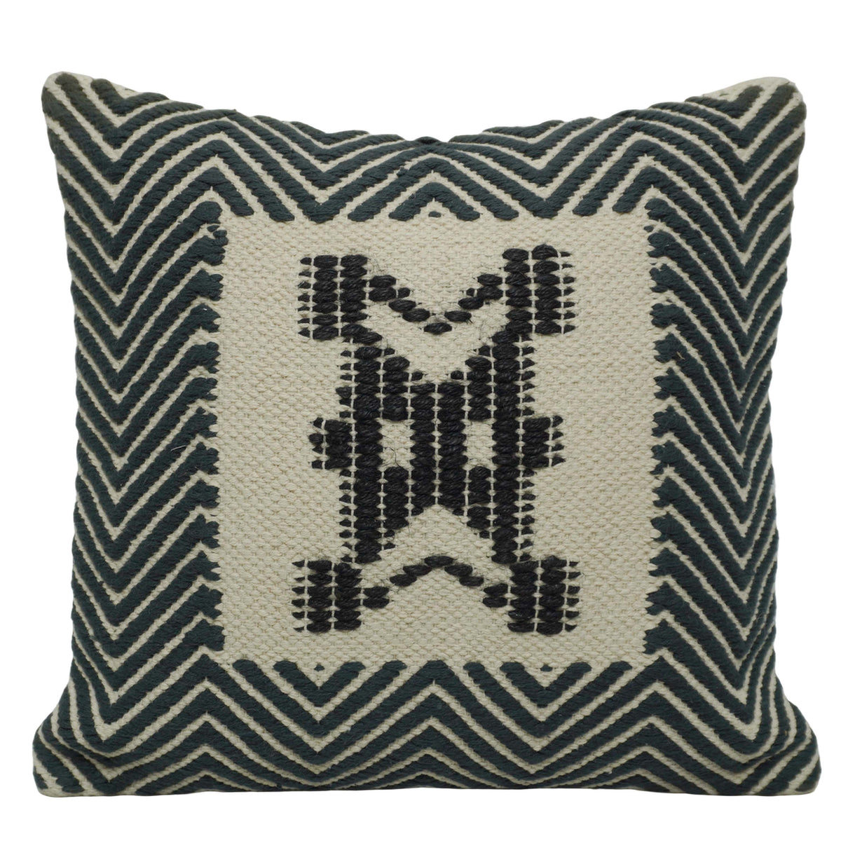 Handwoven Cotton Cushion Cover 45x45 cm | Black & Ivory Geometric Woven Throw Pillow Cover | Artisan Handmade Decorative Cushion Cover with Concealed Zip