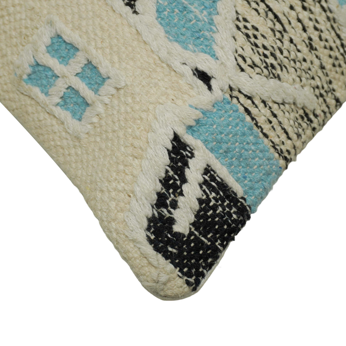 Handwoven Geometric Cotton Cushion Cover 45x45 cm | Artisan Woven Decorative Throw Pillow Cover | Blue, Black & Ivory | Modern Boho Home Décor
