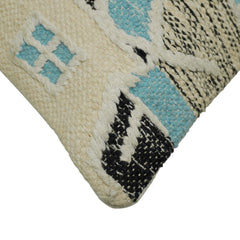 Handwoven Geometric Cotton Cushion Cover 45x45 cm | Artisan Woven Decorative Throw Pillow Cover | Blue, Black & Ivory | Modern Boho Home Décor