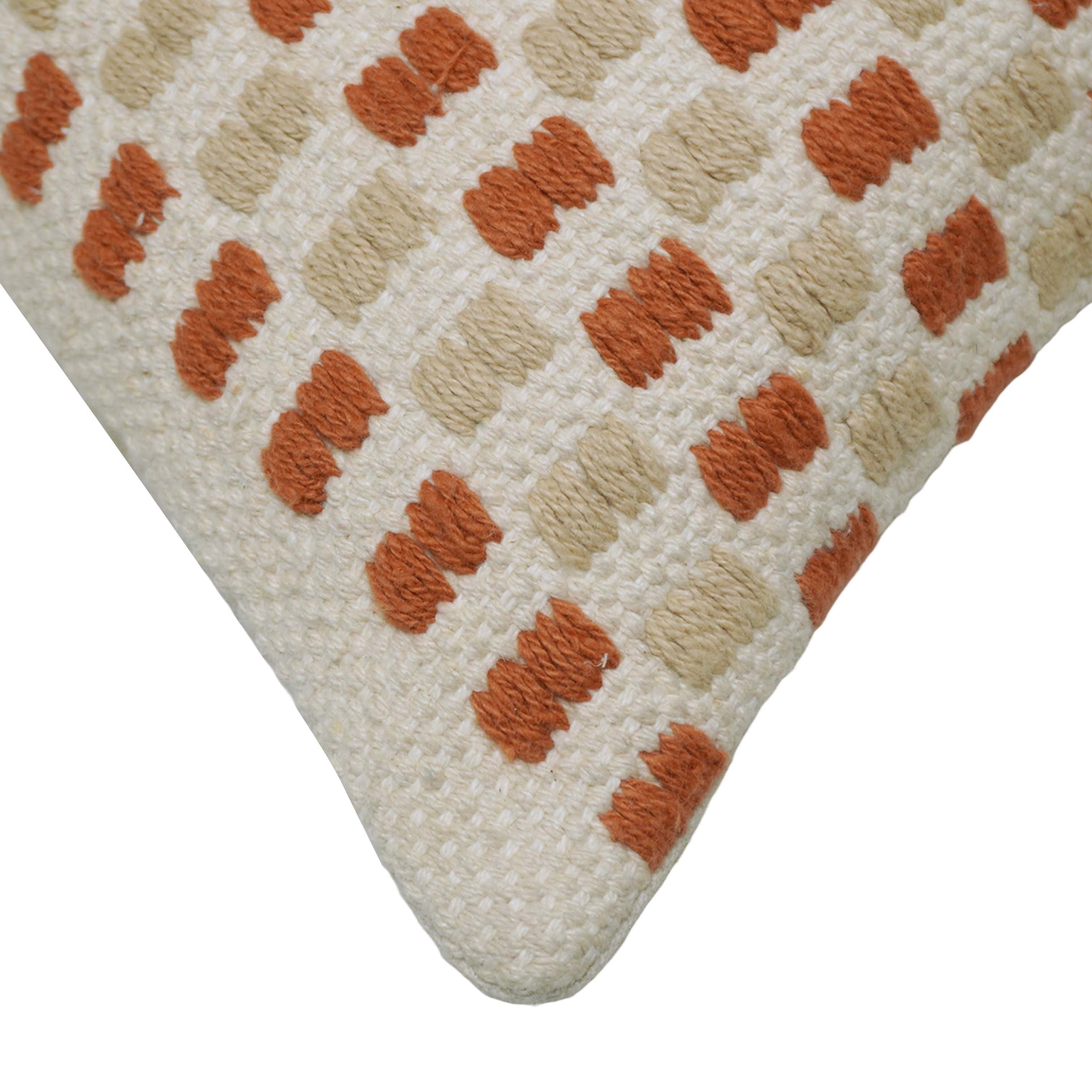 Handwoven Cotton Cushion Cover 45x45 cm – Ivory & Rust Geometric Textured Design, Boho Decorative Pillow Cover