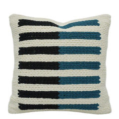 Handwoven Cotton Cushion Cover – Ivory, Black & Teal Striped Textured Design | 45 x 45 cm