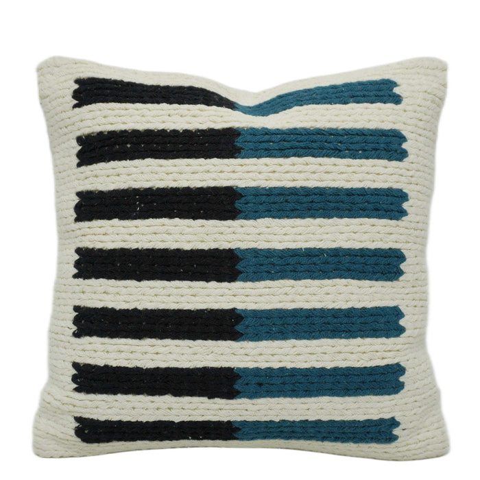 Handwoven Cotton Cushion Cover – Ivory, Black & Teal Striped Textured Design | 45 x 45 cm