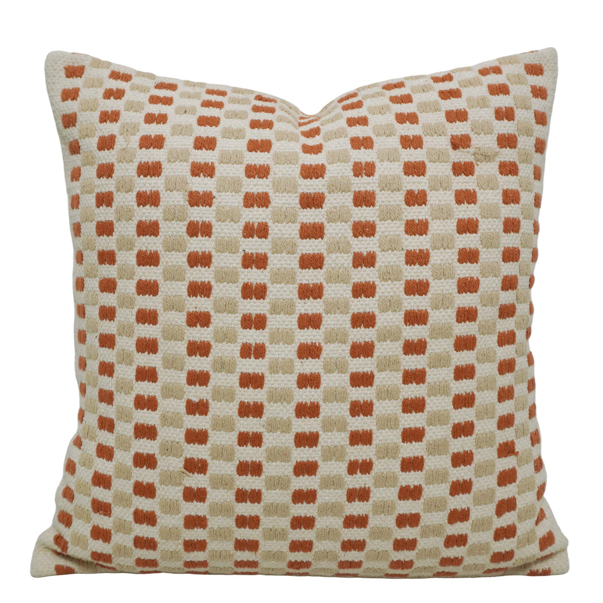 Handwoven Cotton Cushion Cover 45x45 cm – Ivory & Rust Geometric Textured Design, Boho Decorative Pillow Cover