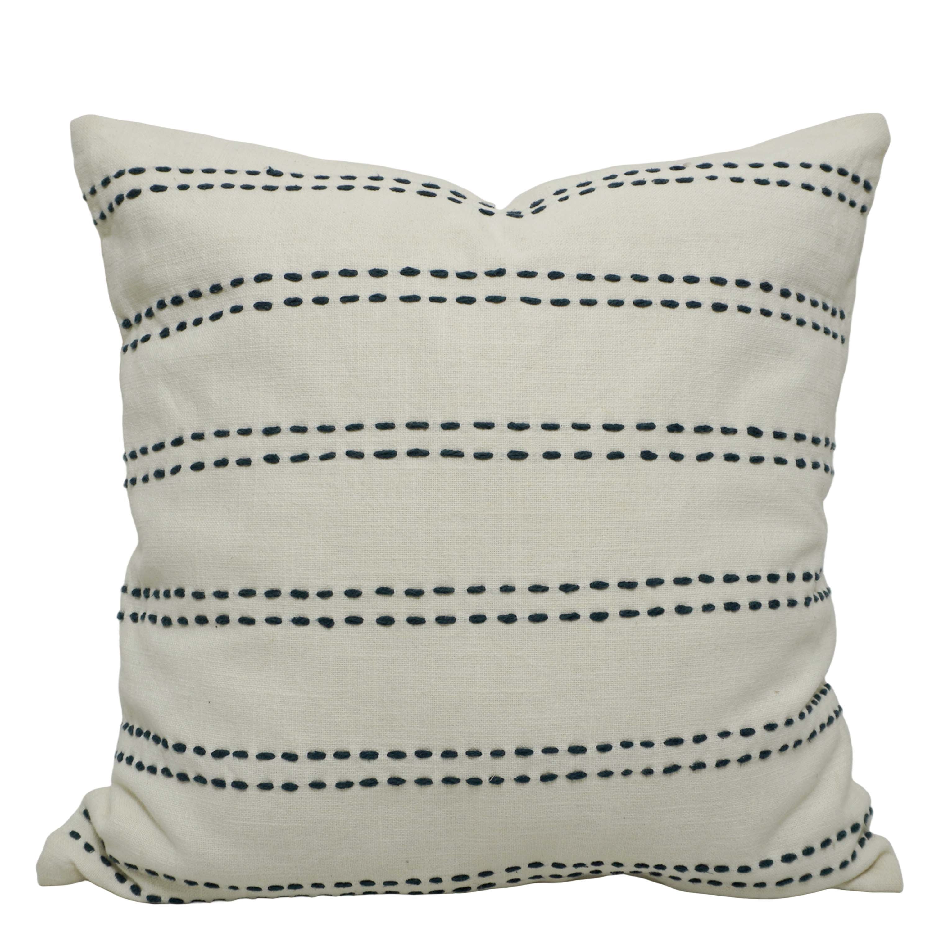Handwoven Cotton Cushion Cover 45x45 cm | Ivory with Black Running Stitch | Artisan Woven Decorative Throw Pillow Cover | Modern Boho Home Décor