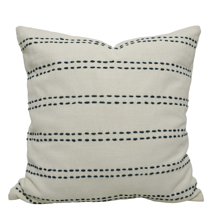 Handwoven Cotton Cushion Cover 45x45 cm | Ivory with Black Running Stitch | Artisan Woven Decorative Throw Pillow Cover | Modern Boho Home Décor