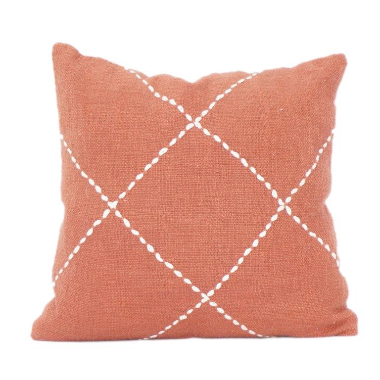 Terracotta Cotton Cushion Cover with Hand-Stitched Diamond Pattern | Geometric Embroidered Throw Pillow Cover | 18x18 Inch - Bulk manufacturer & supplier from Panipat, India