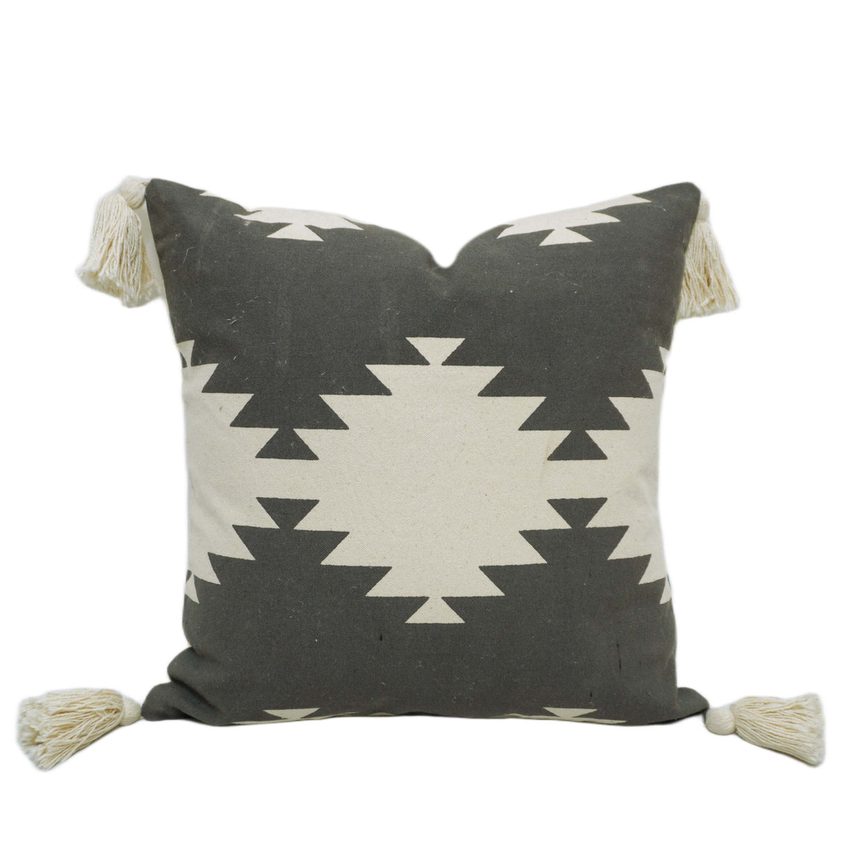 Black & Cream Geometric Printed Cotton Tassel Cushion Cover 45x45 cm