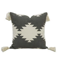 Black & Cream Geometric Printed Cotton Tassel Cushion Cover 45x45 cm