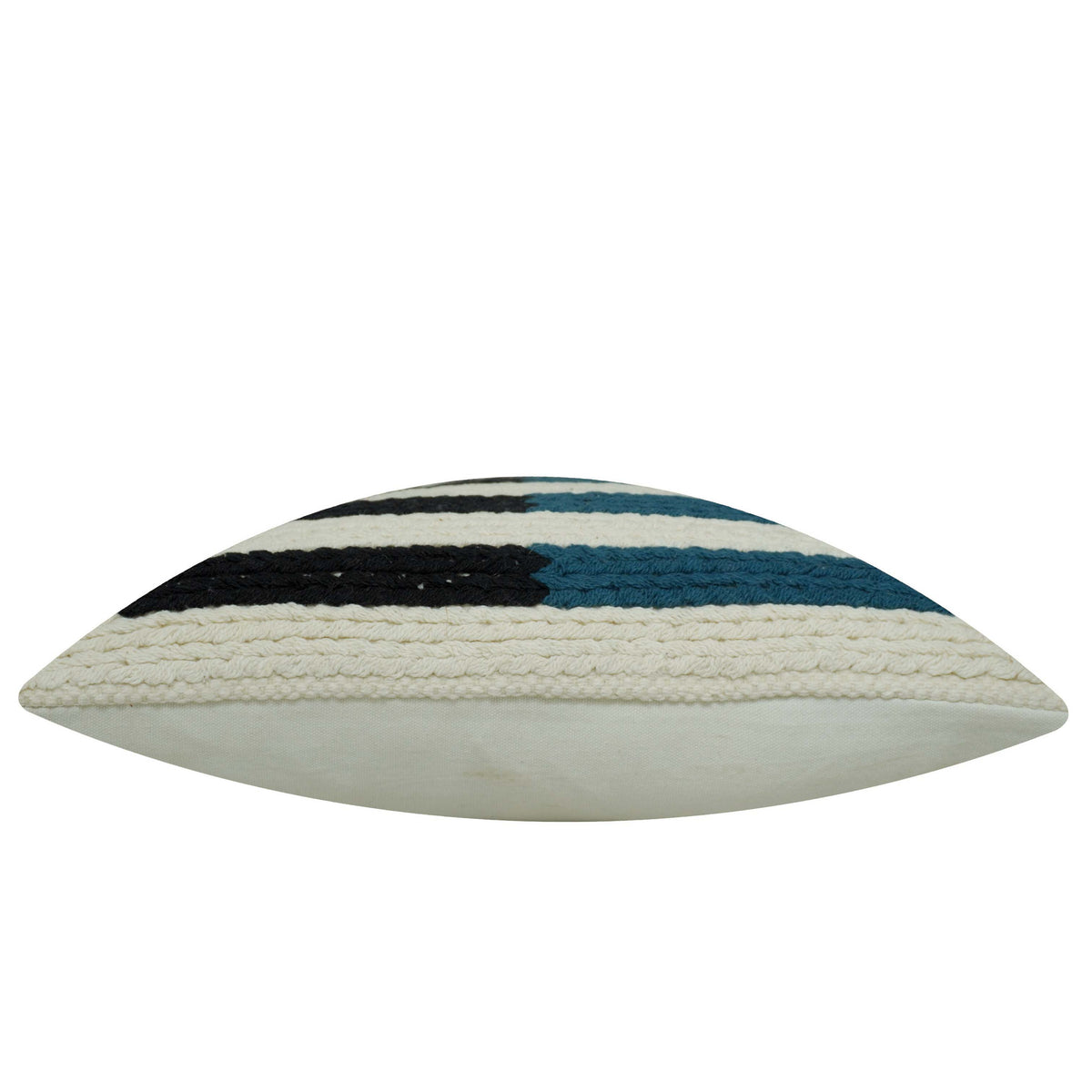Handwoven Cotton Cushion Cover – Ivory, Black & Teal Striped Textured Design | 45 x 45 cm