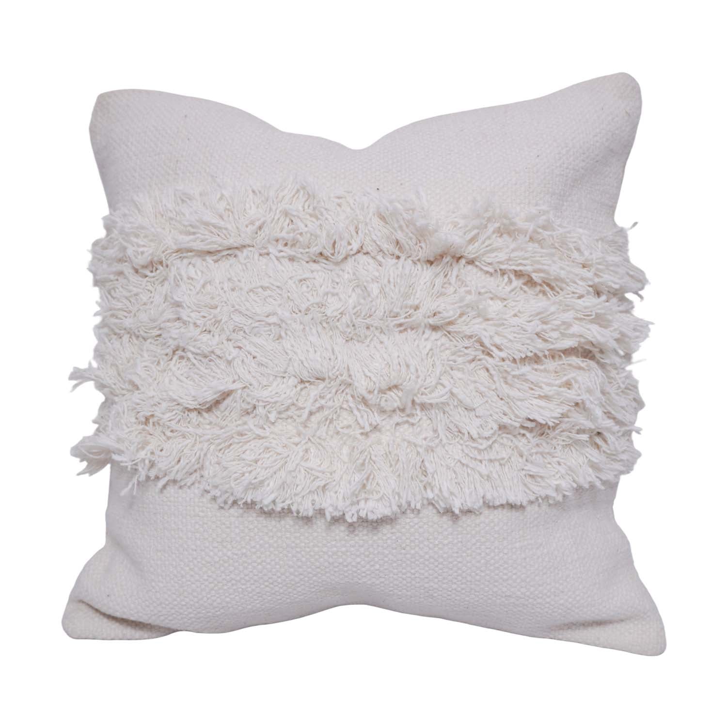 Ivory Tufted Cotton Cushion Cover 45x45 cm | Textured Boho Decorative Pillow Cover with Fringe Detail