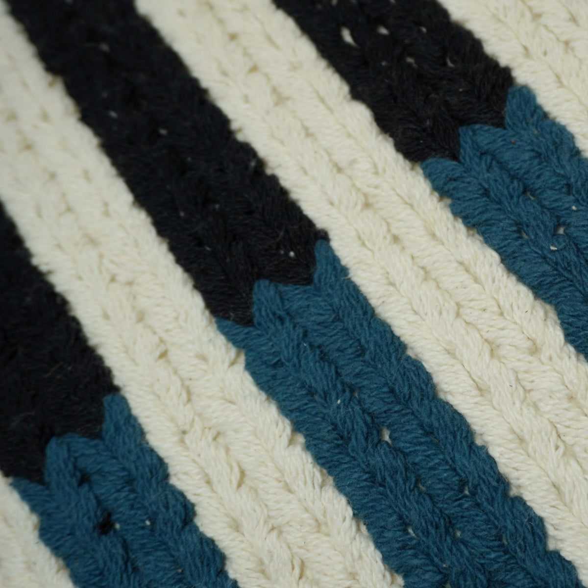 Handwoven Cotton Cushion Cover – Ivory, Black & Teal Striped Textured Design | 45 x 45 cm