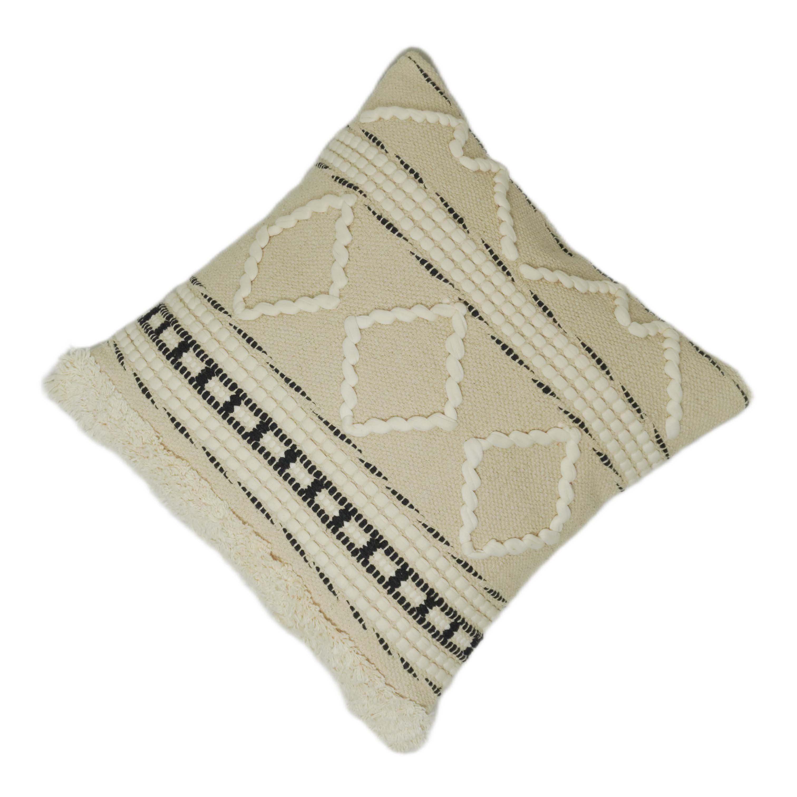 Handwoven Cream & Black Geometric Cotton Cushion Cover – Textured Boho Accent, 45 x 45 cm