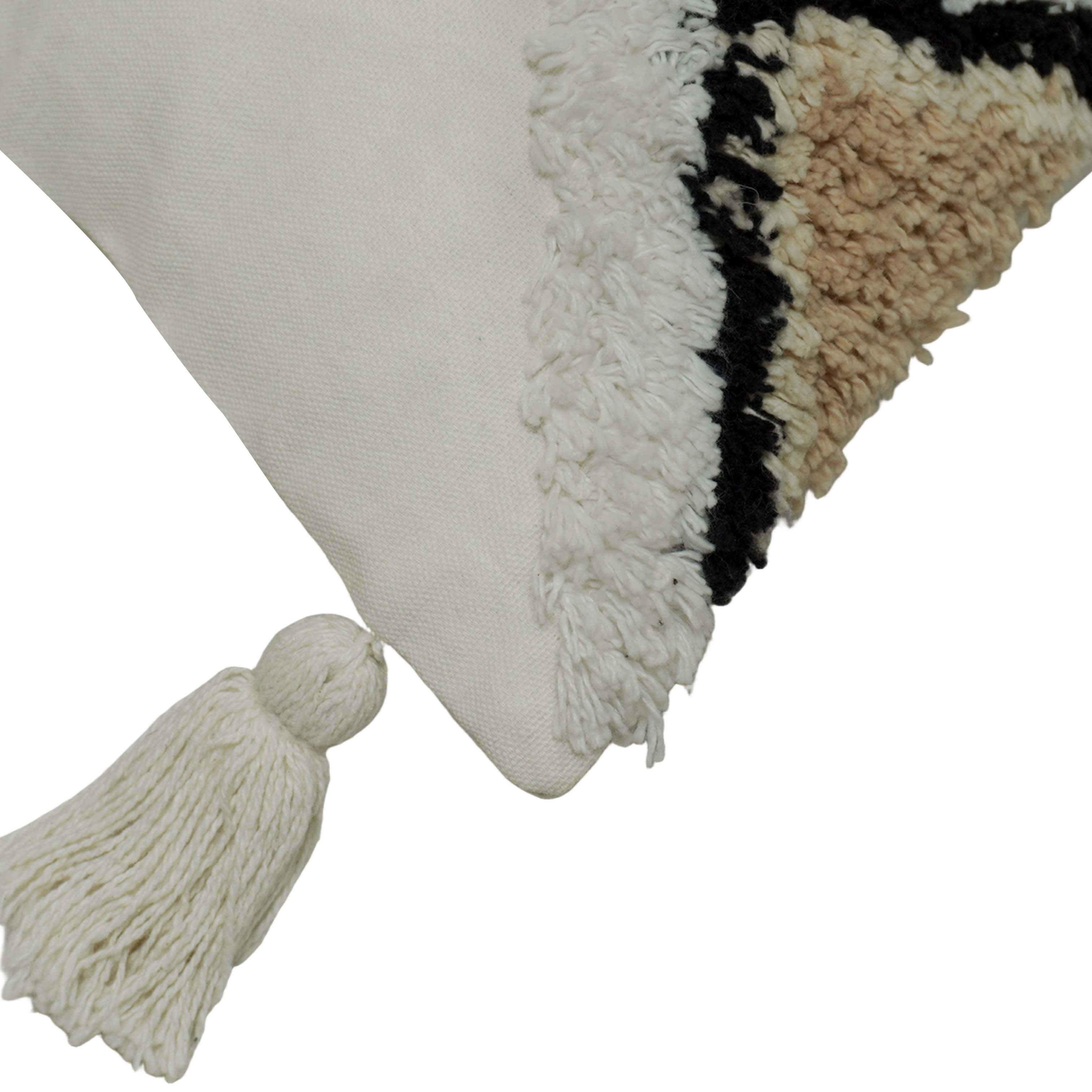 Hand Tufted Cotton Cushion Cover 45x45 cm | Geometric Diamond Design with Tassels | Boho Decorative Throw Pillow Cover | Hidden Zipper | Ivory, Beige & Black
