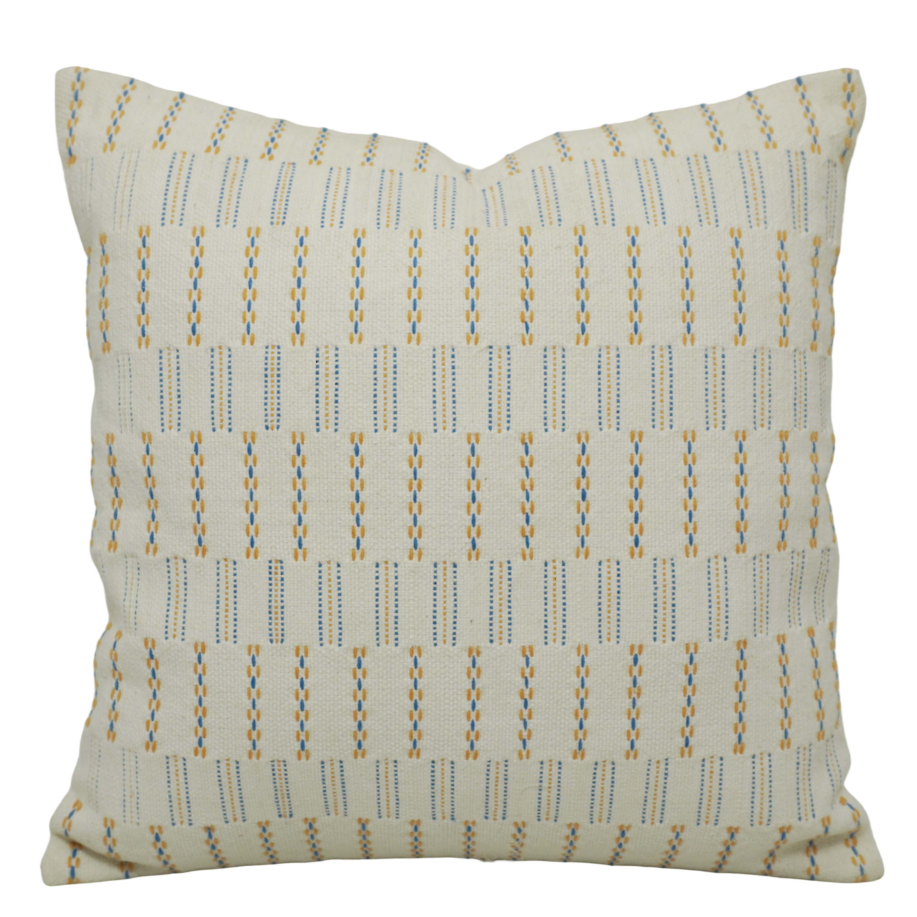 Handwoven Cotton Cushion Cover 45x45 cm | Ivory Decorative Throw Pillow Cover with Blue & Mustard Woven Stripe Pattern | Modern Boho Sofa Cushion Cover | Hidden Zipper
