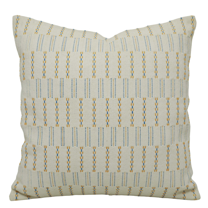 Handwoven Cotton Cushion Cover 45x45 cm | Ivory Decorative Throw Pillow Cover with Blue & Mustard Woven Stripe Pattern | Modern Boho Sofa Cushion Cover | Hidden Zipper