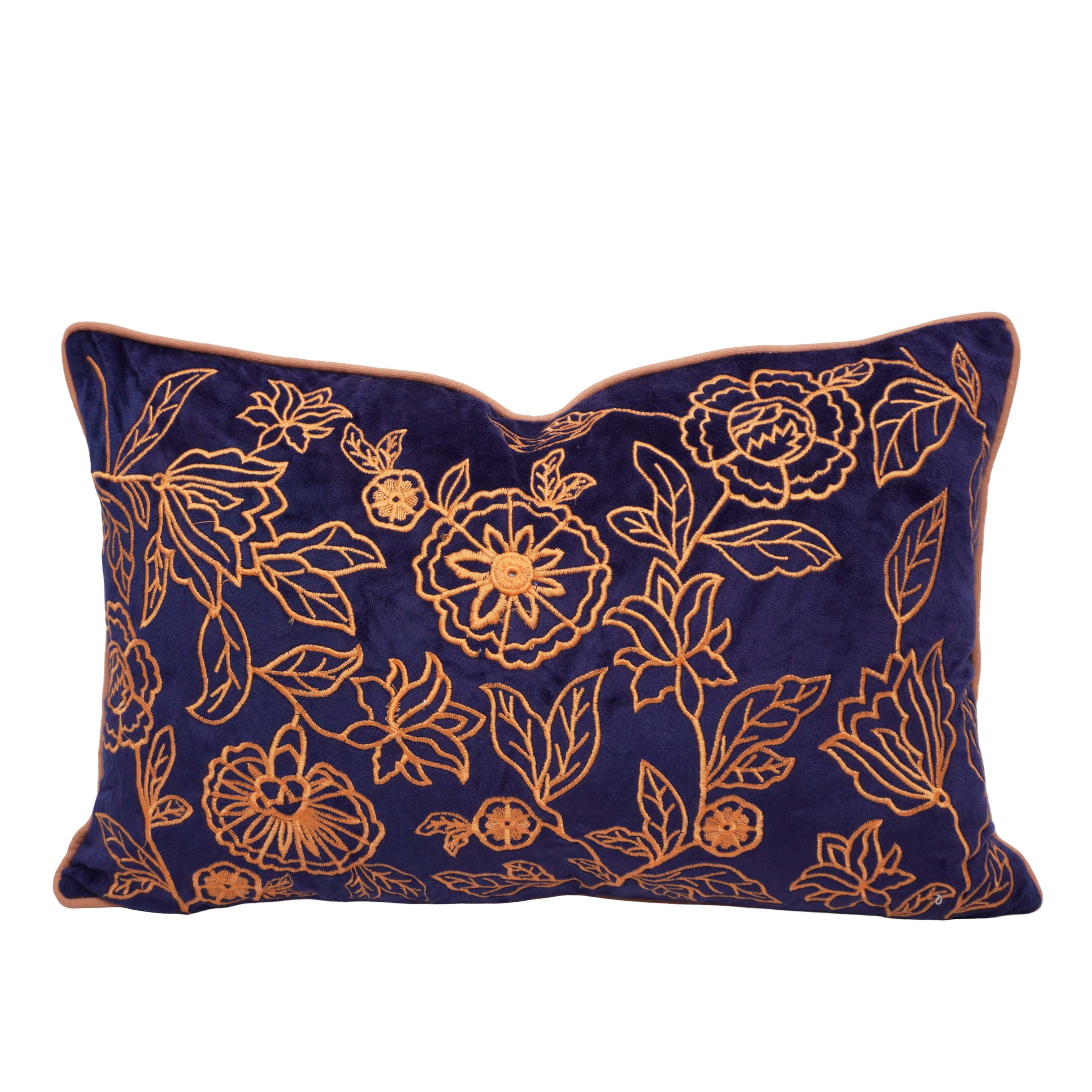 40x60 cm Embroidered Cotton Cushion Cover | Navy Blue Floral Embroidery Lumbar Pillow Cover | Decorative Throw Cushion Cover with Hidden Zipper