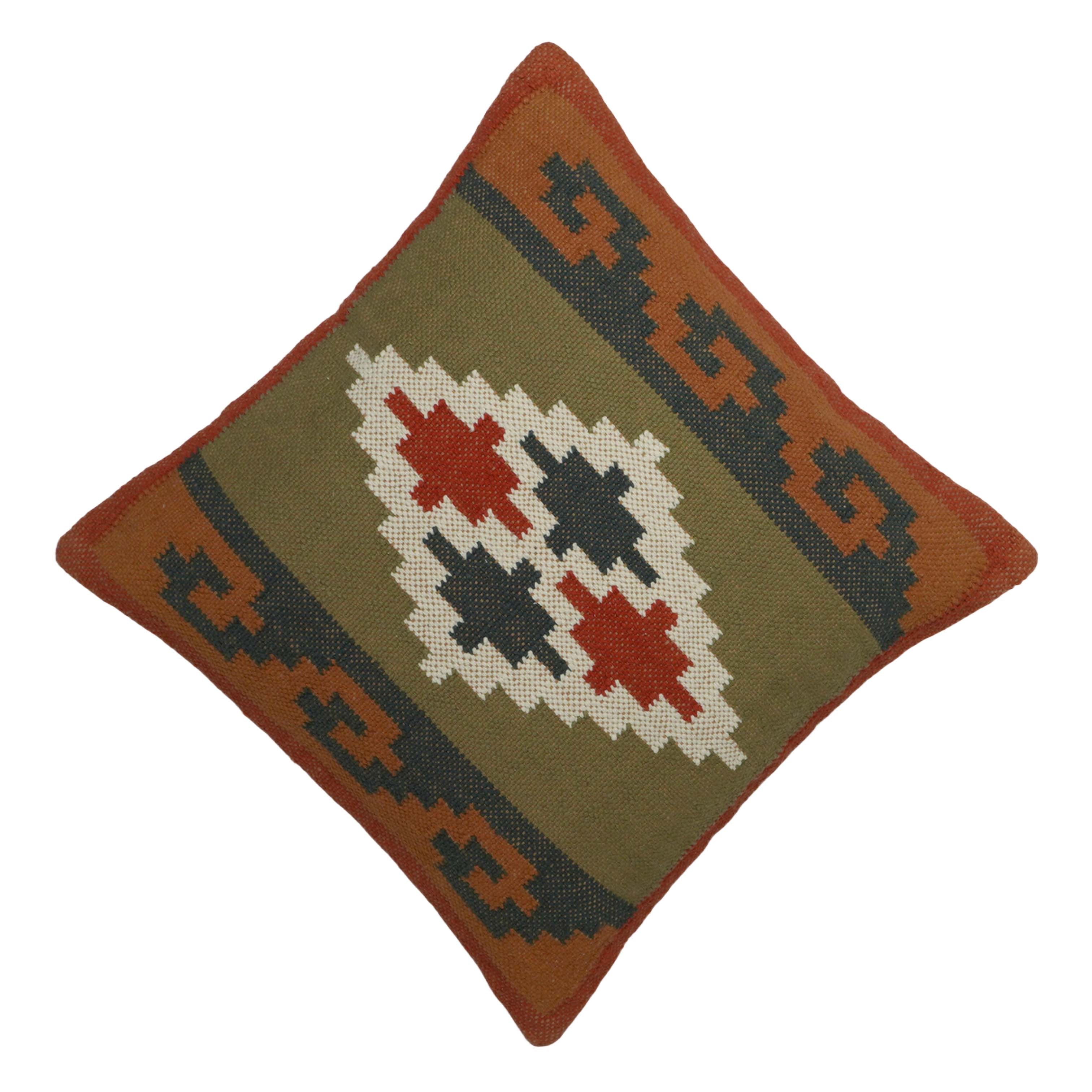 Handwoven Geometric Tribal Cushion Cover – Olive Green, Rust & Navy – 45 x 45 cm