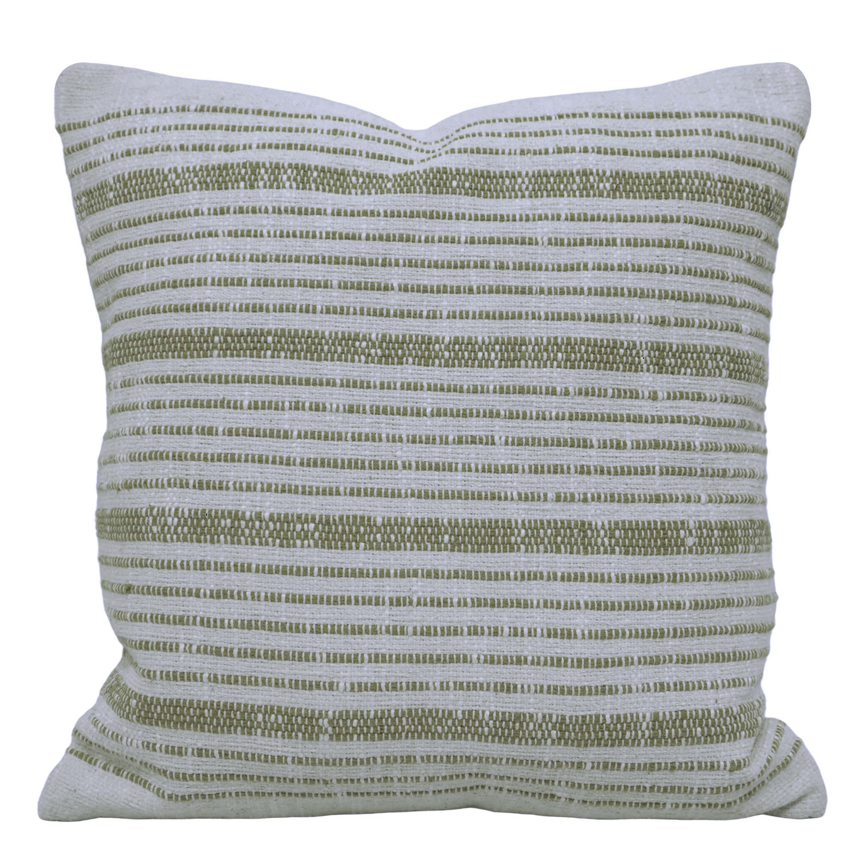 Handwoven Cotton Cushion Cover – Sage Green & Ivory Striped Textured Design, 45 x 45 cm
