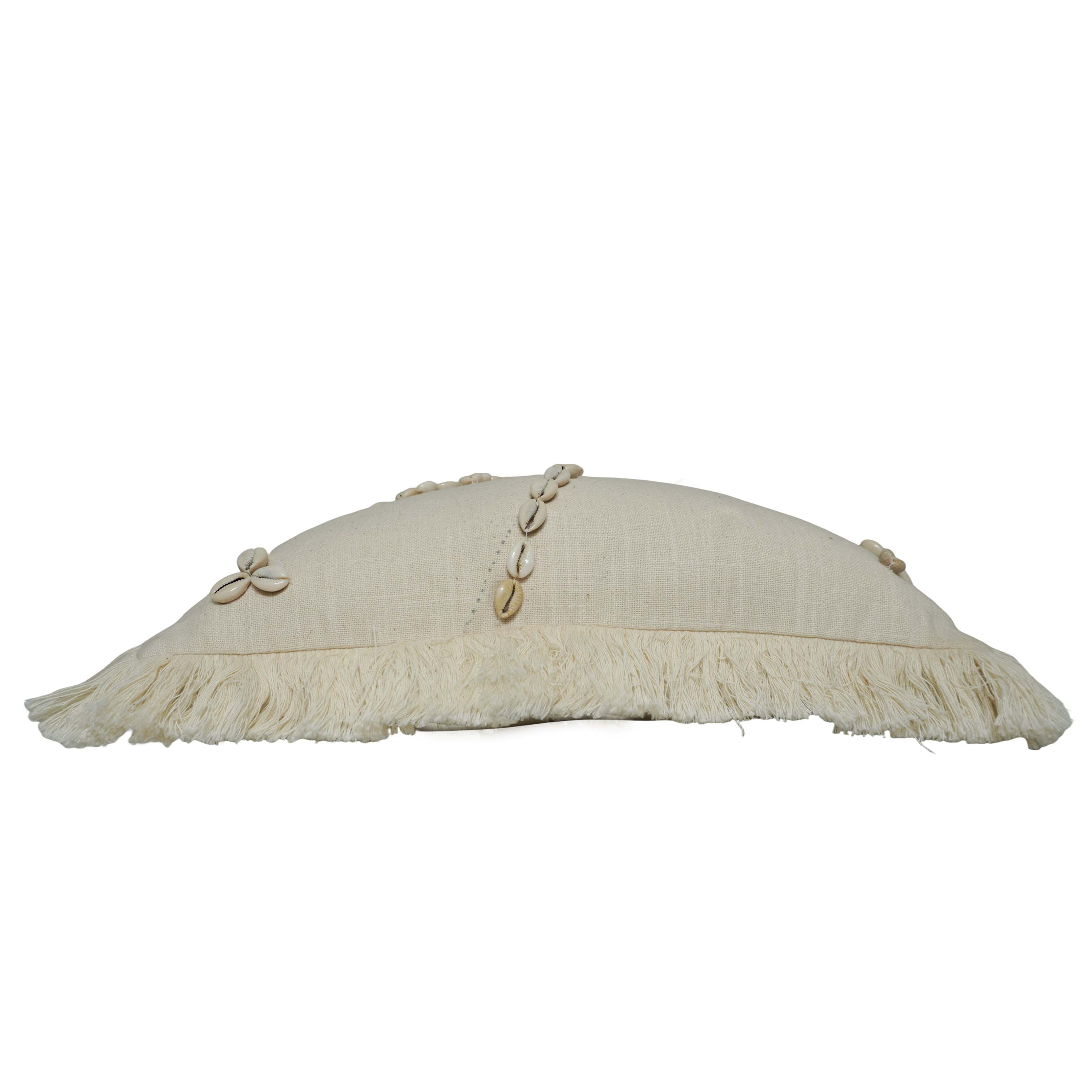 Handcrafted Cotton Cushion Cover with Cowrie Shell Palm Tree Design & Fringe Border | Boho Decorative Throw Pillow Cover | 45 x 45 cm (18 x 18 Inch)