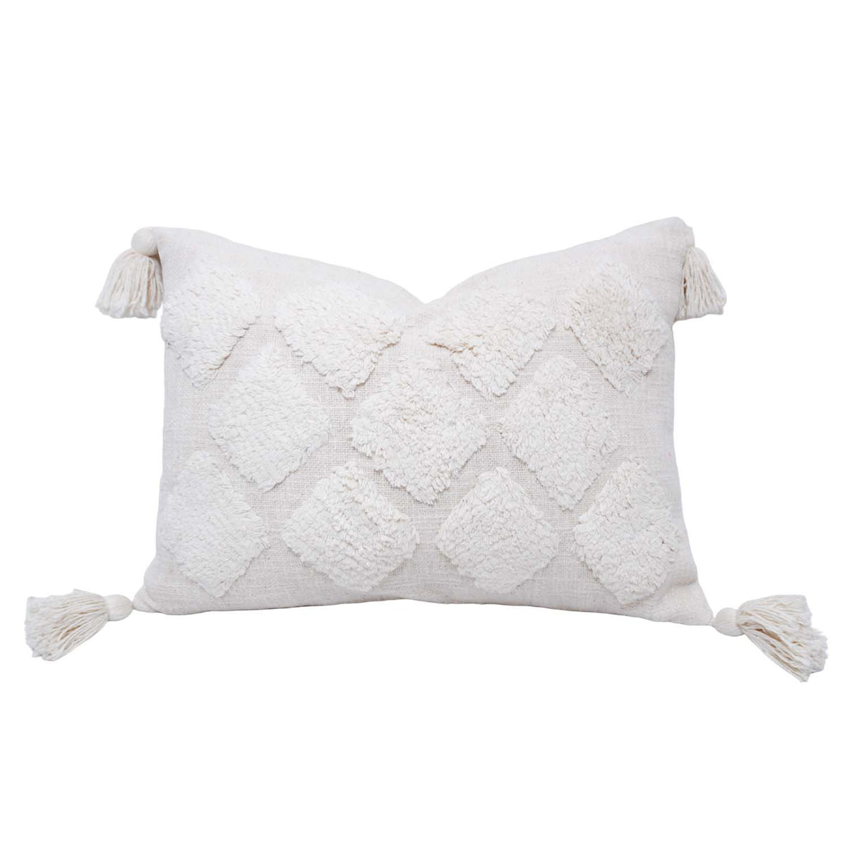 Handmade Tufted Cotton Cushion Cover with Tassels – Ivory Boho Geometric Textured Throw Pillow Cover – 30 x 50 cm Lumbar Cushion Cover - Bulk manufacturer & supplier from Panipat, India
