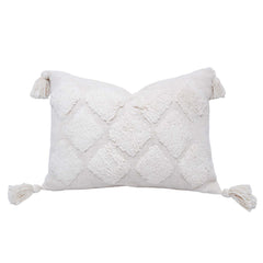 Handmade Tufted Cotton Cushion Cover with Tassels – Ivory Boho Geometric Textured Throw Pillow Cover – 30 x 50 cm Lumbar Cushion Cover