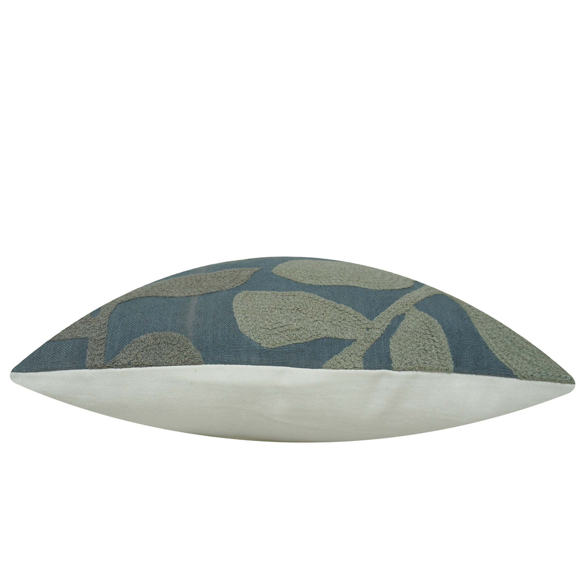 Machine Embroidered Leaf Pattern Cotton Cushion Cover 45x45 cm | Nature Inspired Decorative Throw Pillow Cover with Concealed Zip | Sage Green & Blue