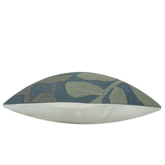 Machine Embroidered Leaf Pattern Cotton Cushion Cover 45x45 cm | Nature Inspired Decorative Throw Pillow Cover with Concealed Zip | Sage Green & Blue