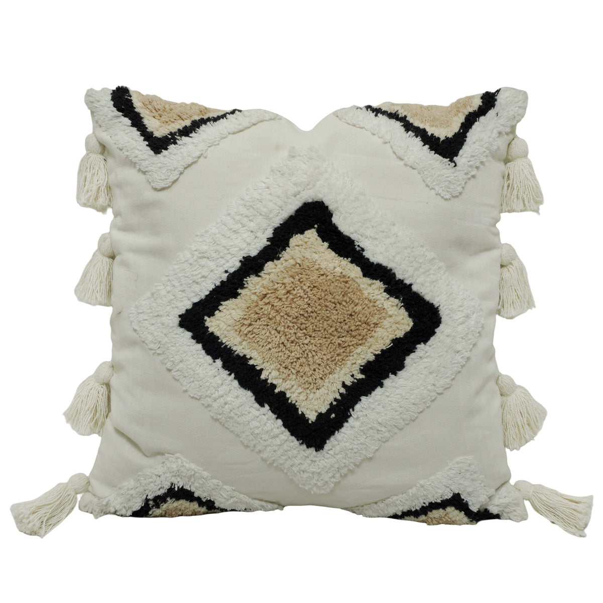 Hand Tufted Cotton Cushion Cover 45x45 cm | Geometric Diamond Design with Tassels | Boho Decorative Throw Pillow Cover | Hidden Zipper | Ivory, Beige & Black