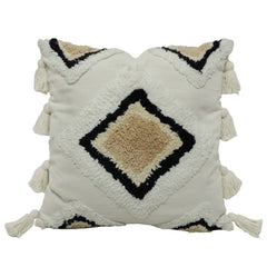 Hand Tufted Cotton Cushion Cover 45x45 cm | Geometric Diamond Design with Tassels | Boho Decorative Throw Pillow Cover | Hidden Zipper | Ivory, Beige & Black