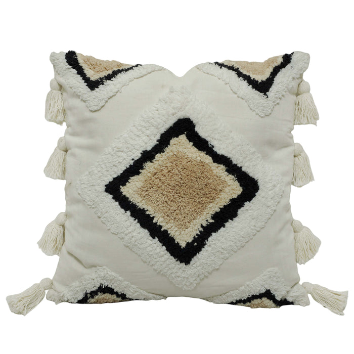 Hand Tufted Cotton Cushion Cover 45x45 cm | Geometric Diamond Design with Tassels | Boho Decorative Throw Pillow Cover | Hidden Zipper | Ivory, Beige & Black