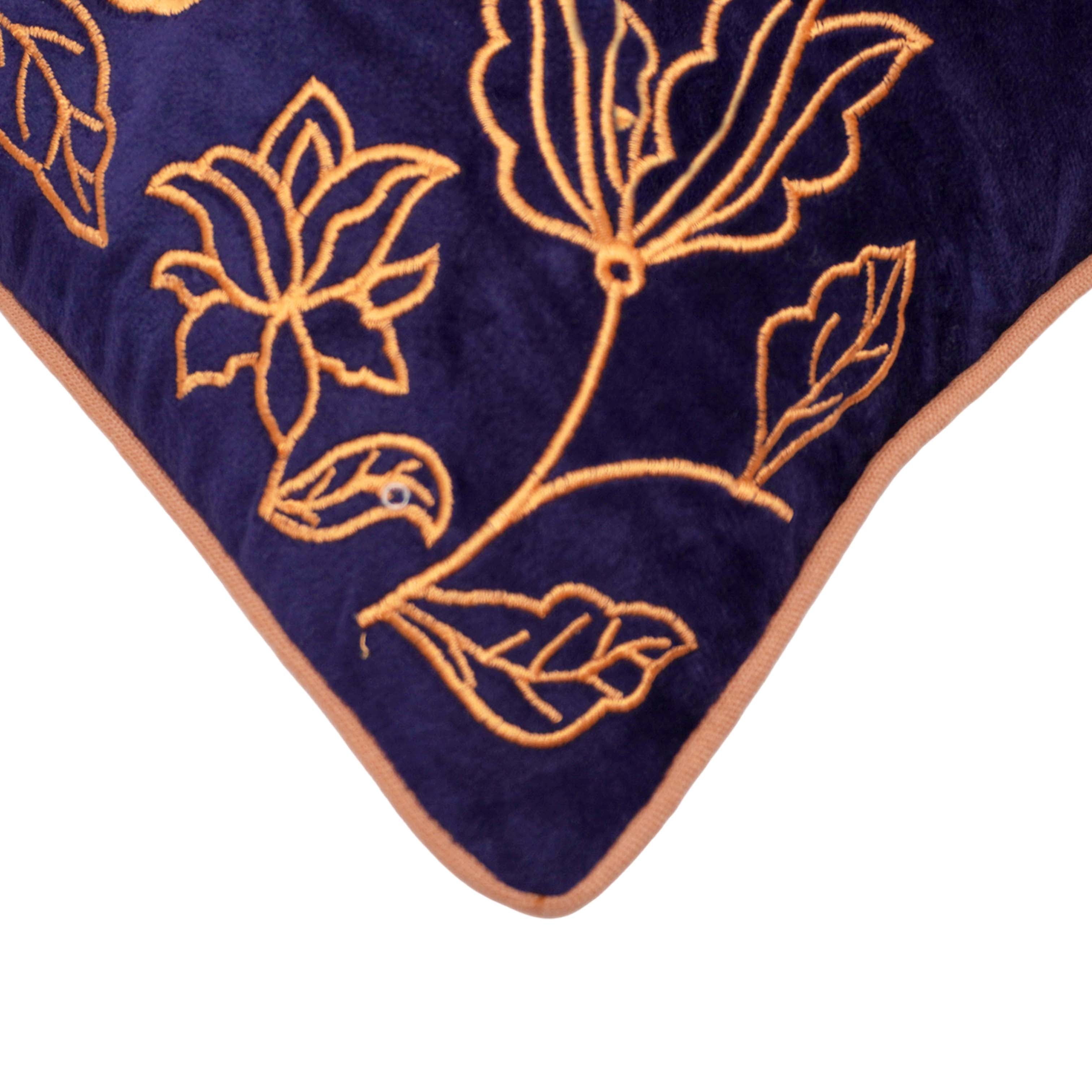 40x60 cm Embroidered Cotton Cushion Cover | Navy Blue Floral Embroidery Lumbar Pillow Cover | Decorative Throw Cushion Cover with Hidden Zipper