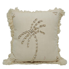 Handcrafted Cotton Cushion Cover with Cowrie Shell Palm Tree Design & Fringe Border | Boho Decorative Throw Pillow Cover | 45 x 45 cm (18 x 18 Inch)