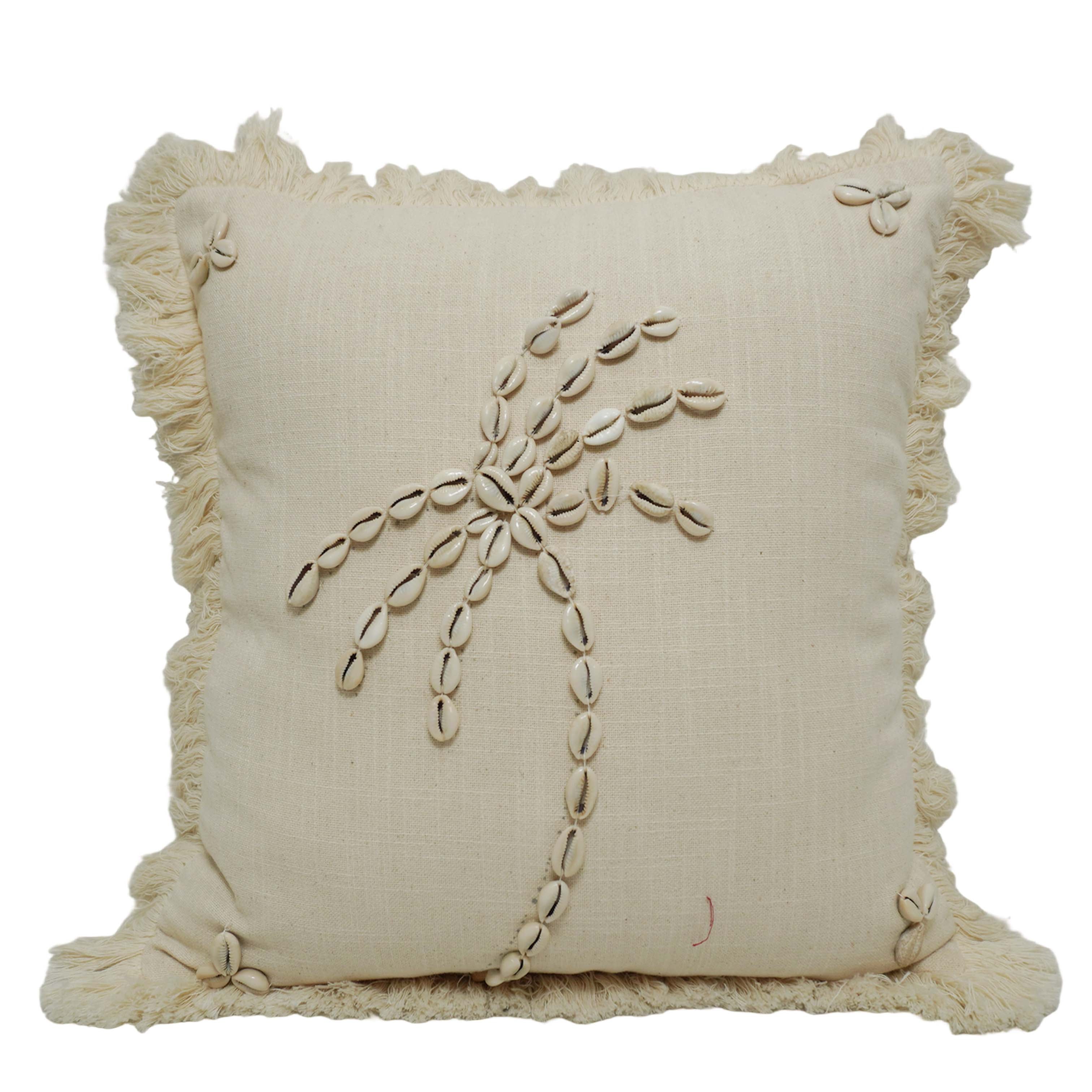 Handcrafted Cotton Cushion Cover with Cowrie Shell Palm Tree Design & Fringe Border | Boho Decorative Throw Pillow Cover | 45 x 45 cm (18 x 18 Inch)