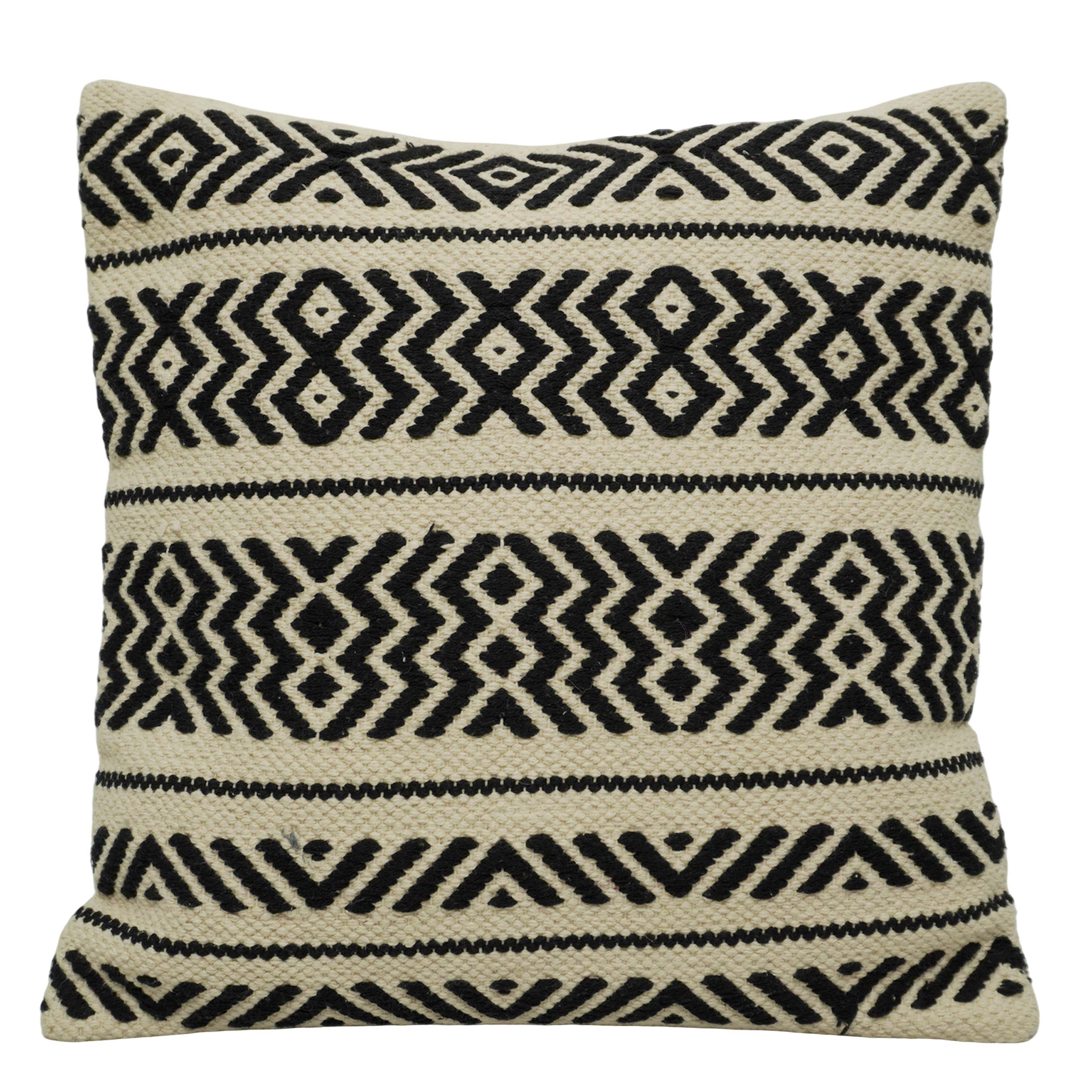 Handwoven Cotton Cushion Cover 45x45 cm | Black & Ivory Geometric Woven Throw Pillow Cover | Boho Farmhouse Decorative Cushion Cover with Concealed Zipper