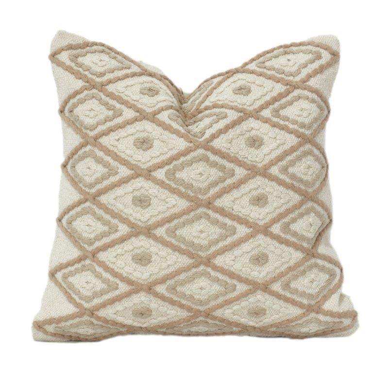 Beige Diamond Embroidered Cotton Cushion Cover | Textured Geometric Pattern | Neutral Boho Decor | 18x18 Inch - Bulk manufacturer & supplier from Panipat, India