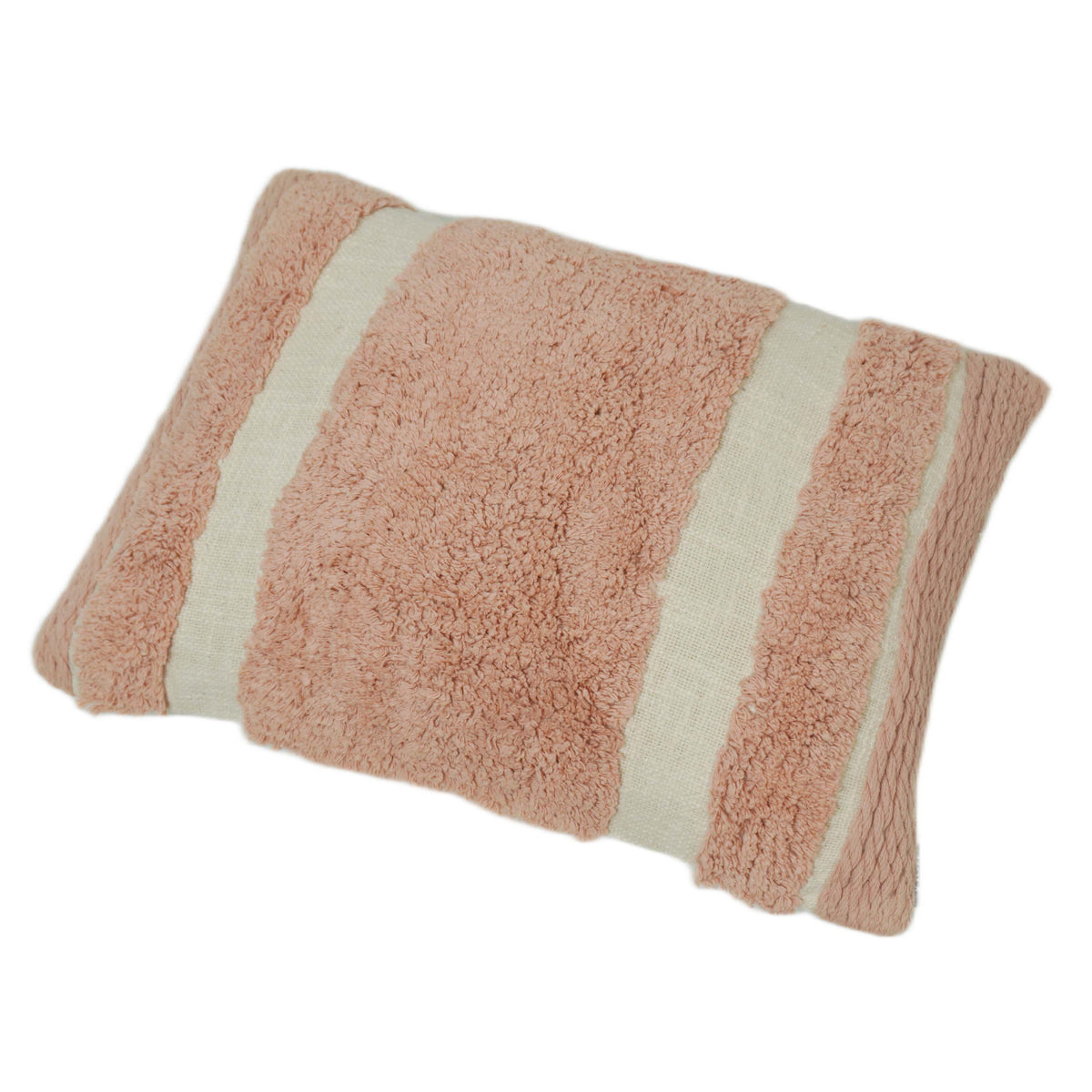 Blush pink and ivory striped tufted cotton cushion cover 35x50 cm