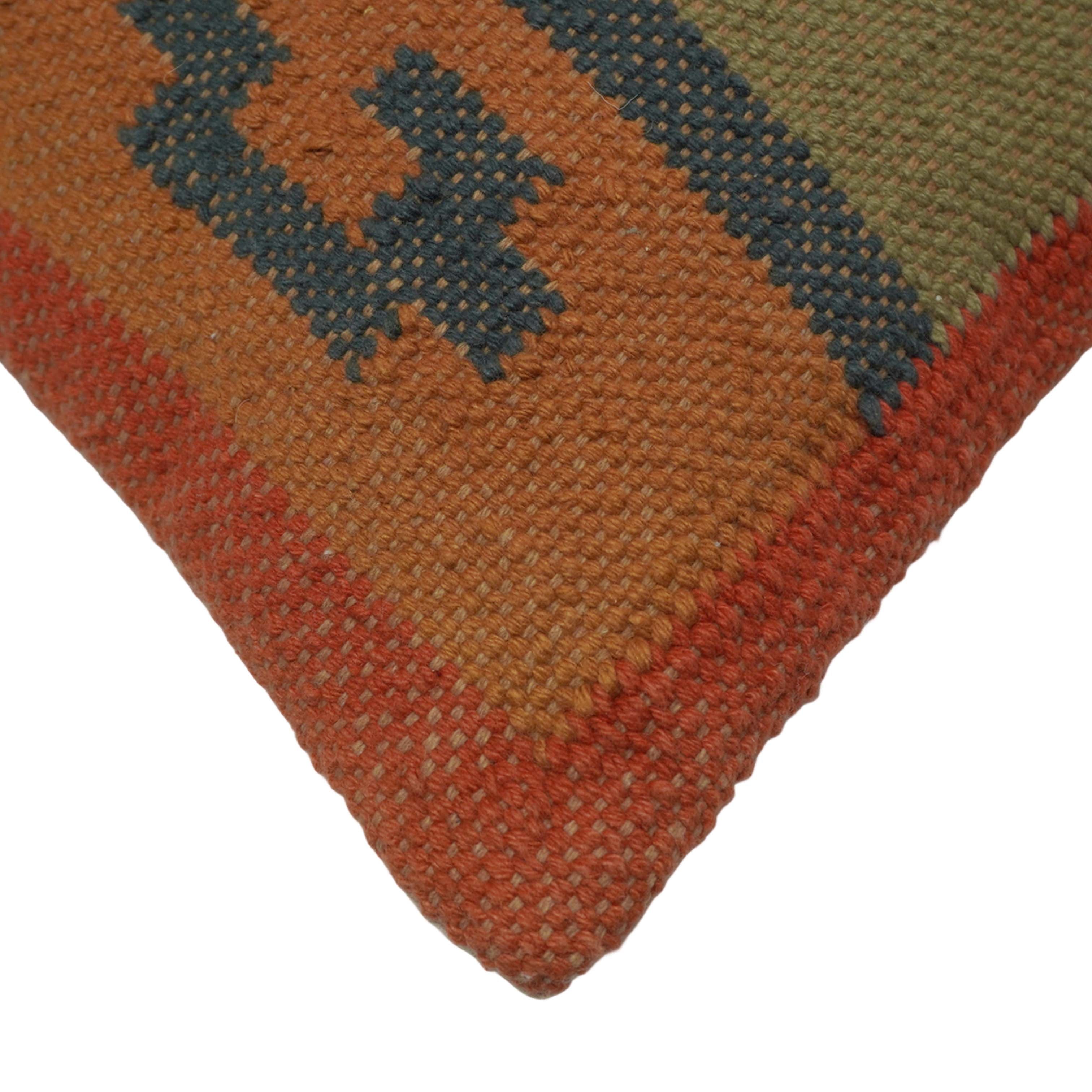 Handwoven Geometric Tribal Cushion Cover – Olive Green, Rust & Navy – 45 x 45 cm