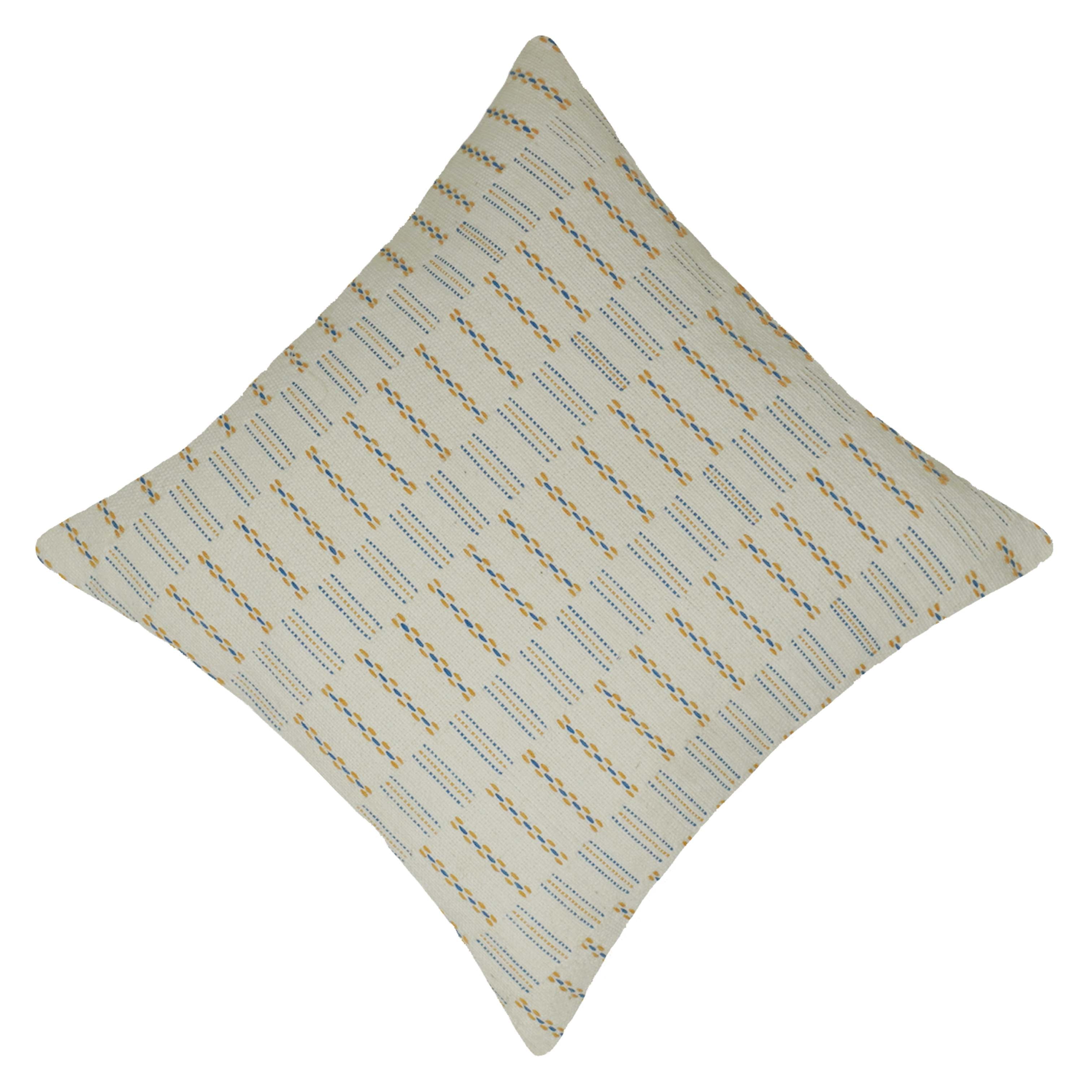 Handwoven Cotton Cushion Cover 45x45 cm | Ivory Decorative Throw Pillow Cover with Blue & Mustard Woven Stripe Pattern | Modern Boho Sofa Cushion Cover | Hidden Zipper