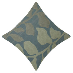 Machine Embroidered Leaf Pattern Cotton Cushion Cover 45x45 cm | Nature Inspired Decorative Throw Pillow Cover with Concealed Zip | Sage Green & Blue
