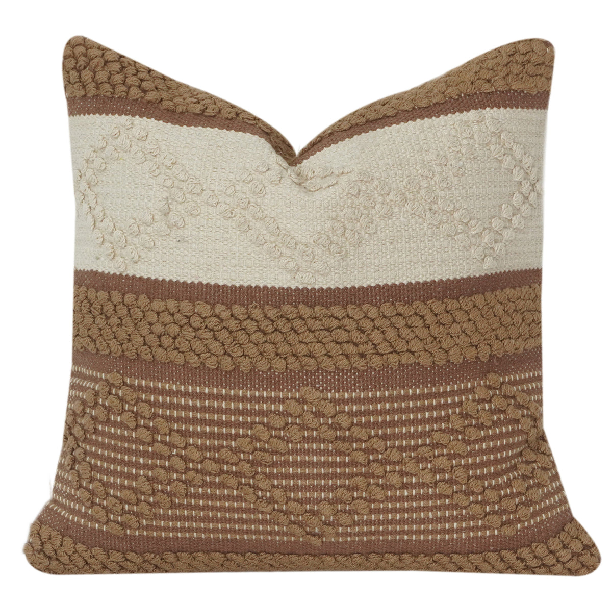 Handwoven Cotton Cushion Cover with Textured Tufted Geometric Pattern | Brown & Ivory | 18x18 Inch Decorative Pillow Case - Bulk manufacturer & supplier from Panipat, India