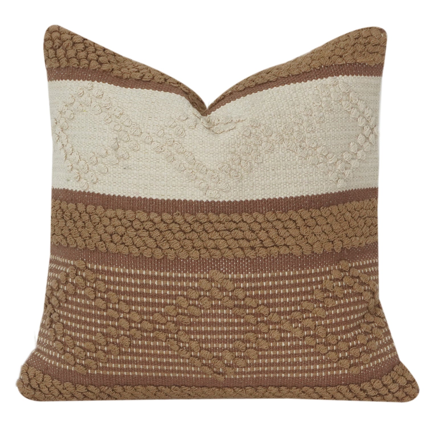 Handwoven Cotton Cushion Cover with Textured Tufted Geometric Pattern | Brown & Ivory | 18x18 Inch Decorative Pillow Case