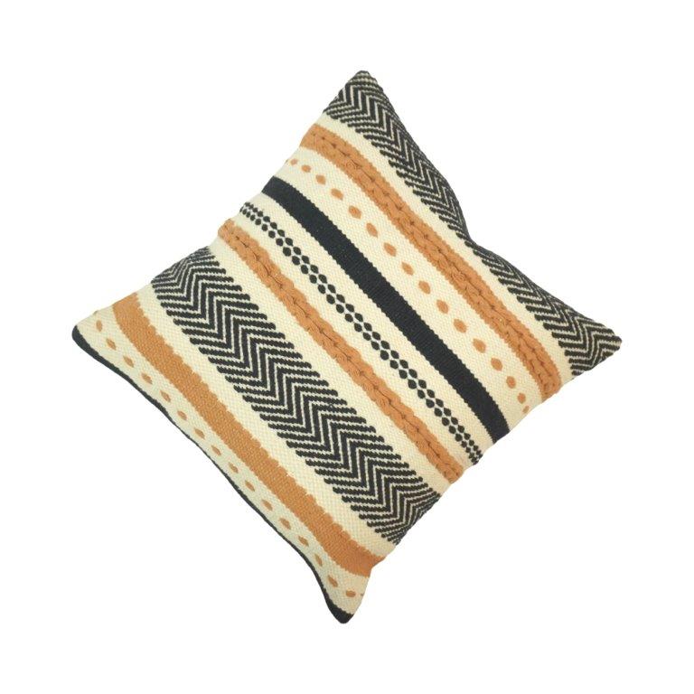 Handmade Boho Geometric Embroidered Cotton Cushion Cover | Black & Beige Textured Throw Pillow | 45x45 cm - Bulk manufacturer & supplier from Panipat, India