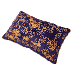 40x60 cm Embroidered Cotton Cushion Cover | Navy Blue Floral Embroidery Lumbar Pillow Cover | Decorative Throw Cushion Cover with Hidden Zipper