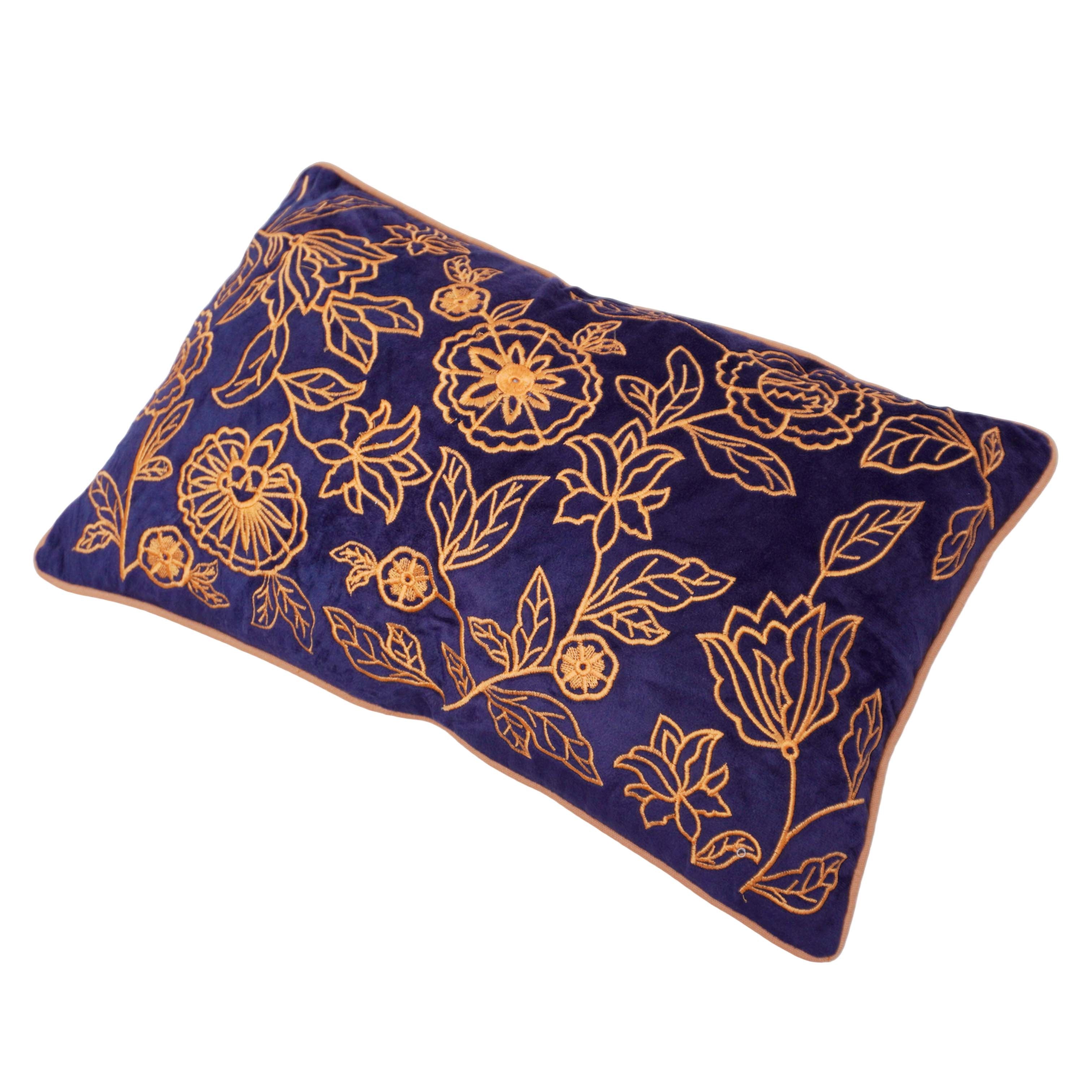 40x60 cm Embroidered Cotton Cushion Cover | Navy Blue Floral Embroidery Lumbar Pillow Cover | Decorative Throw Cushion Cover with Hidden Zipper