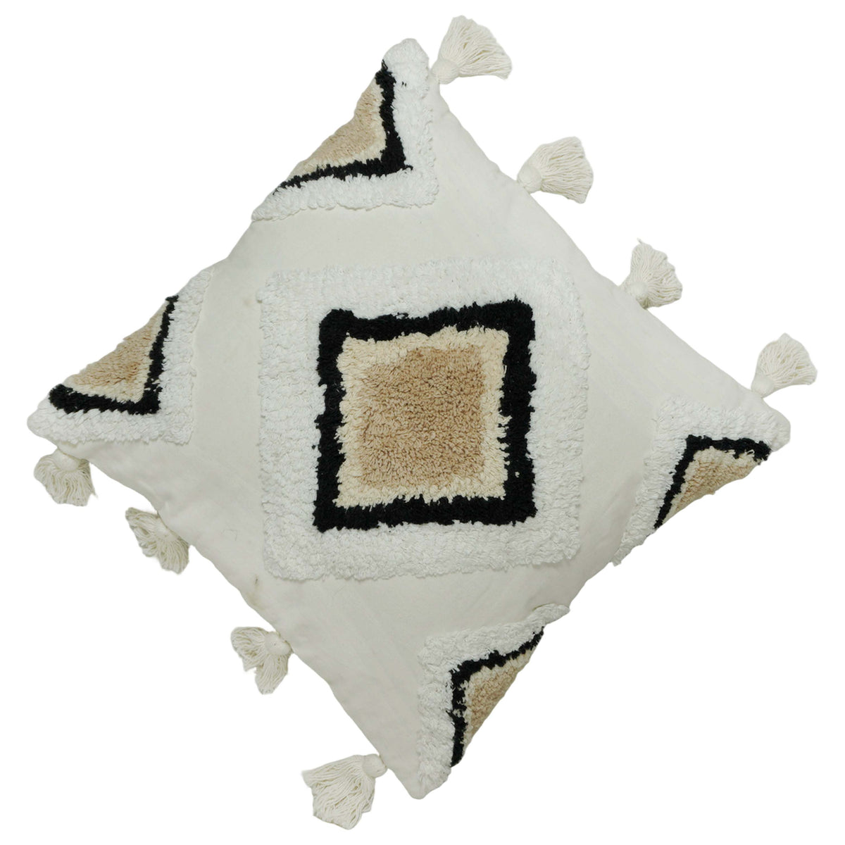 Hand Tufted Cotton Cushion Cover 45x45 cm | Geometric Diamond Design with Tassels | Boho Decorative Throw Pillow Cover | Hidden Zipper | Ivory, Beige & Black