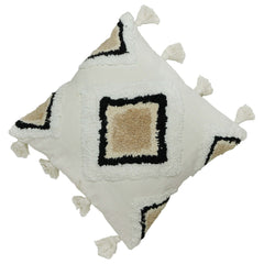 Hand Tufted Cotton Cushion Cover 45x45 cm | Geometric Diamond Design with Tassels | Boho Decorative Throw Pillow Cover | Hidden Zipper | Ivory, Beige & Black