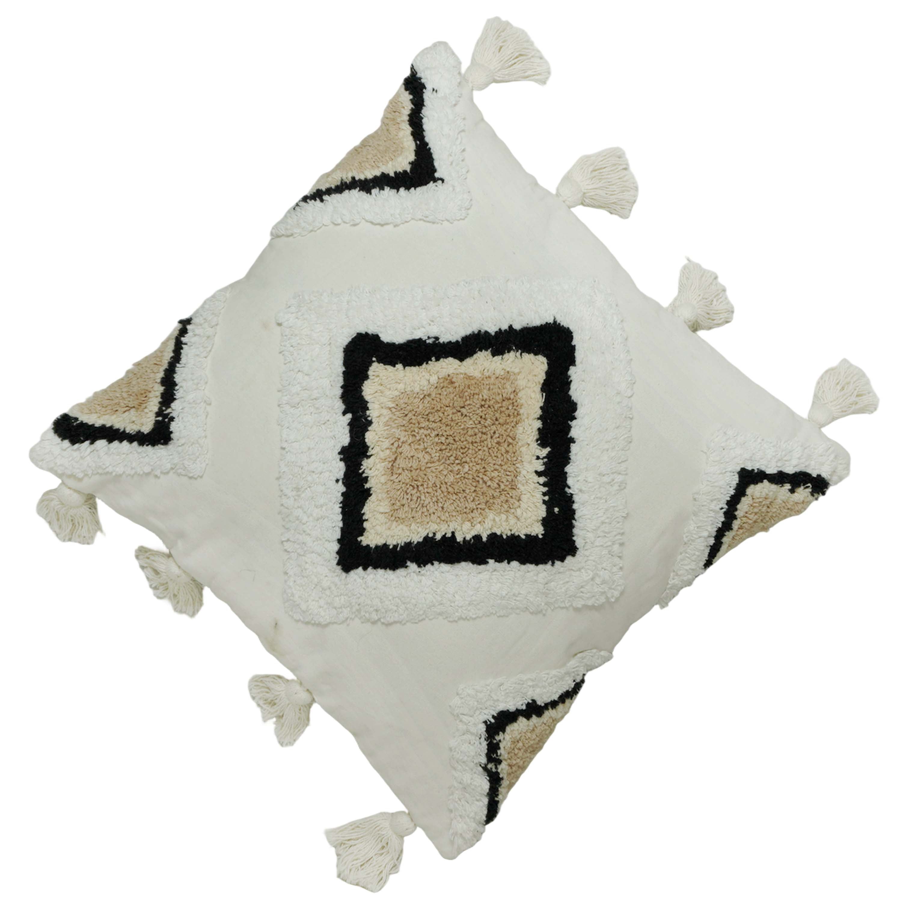 Hand Tufted Cotton Cushion Cover 45x45 cm | Geometric Diamond Design with Tassels | Boho Decorative Throw Pillow Cover | Hidden Zipper | Ivory, Beige & Black