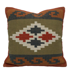 Handwoven Geometric Tribal Cushion Cover – Olive Green, Rust & Navy – 45 x 45 cm